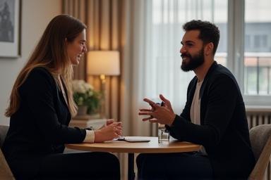 Artist practicing media training with a coach