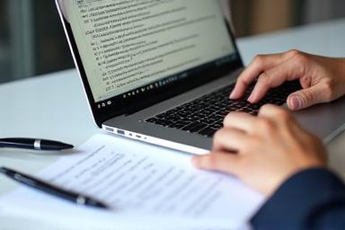 Hand writing a press release on a laptop